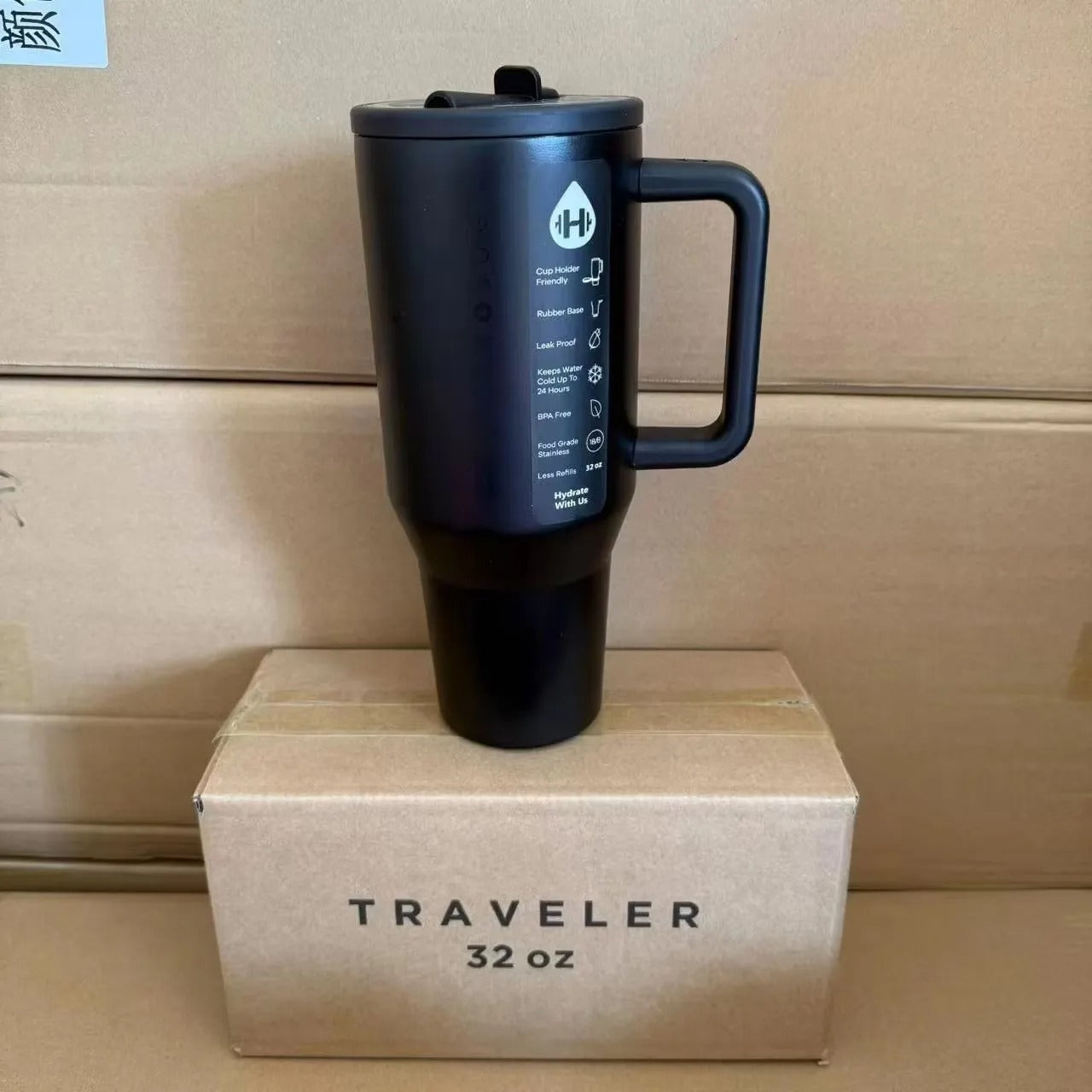 HydroJug Traveler - 40 oz Water Bottle with Handle & Flip Straw - Fits in Cup Holder, Leak Resistant Tumbler-Reusable Insulated Stainless Steel & Rubber Base - Gifts for Women & Men, Black