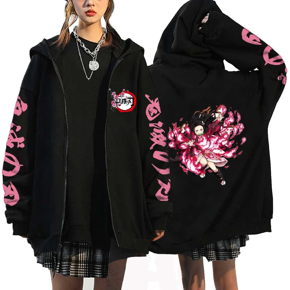 Demon Slayer Anime Zipper Hoodie Kamado Nezuko Cute Print Hooded Men Women Sweatshirts Harajuku Unisex Streetwear Zip Jacket