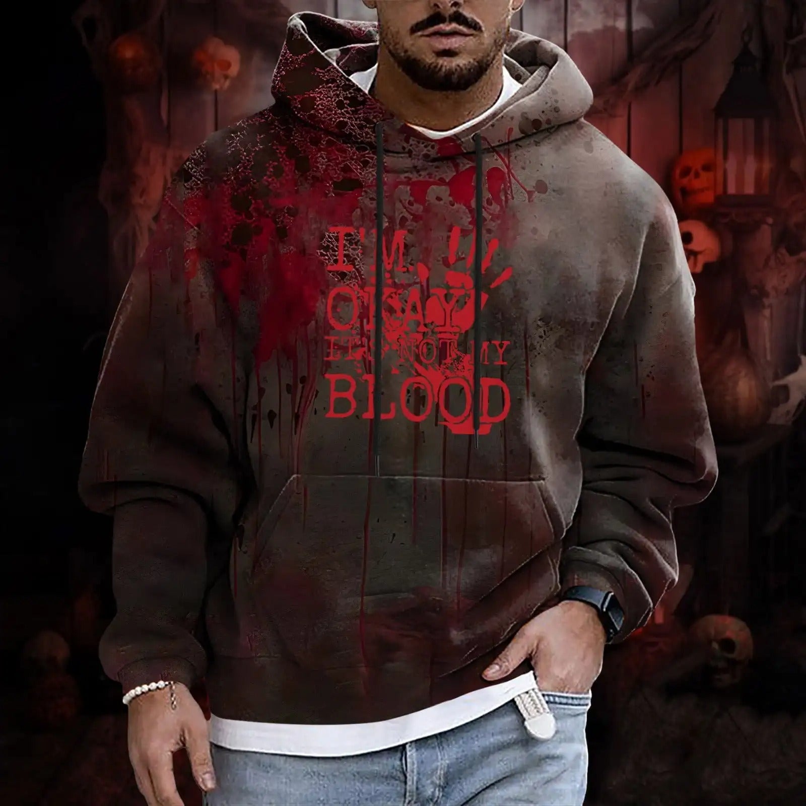 3D Bloody I'm Fine Letter Printed Men's Hoodie Funny Halloween Element Sweatshirt Top Autumn Winter Leisure Fashion Men Clothing