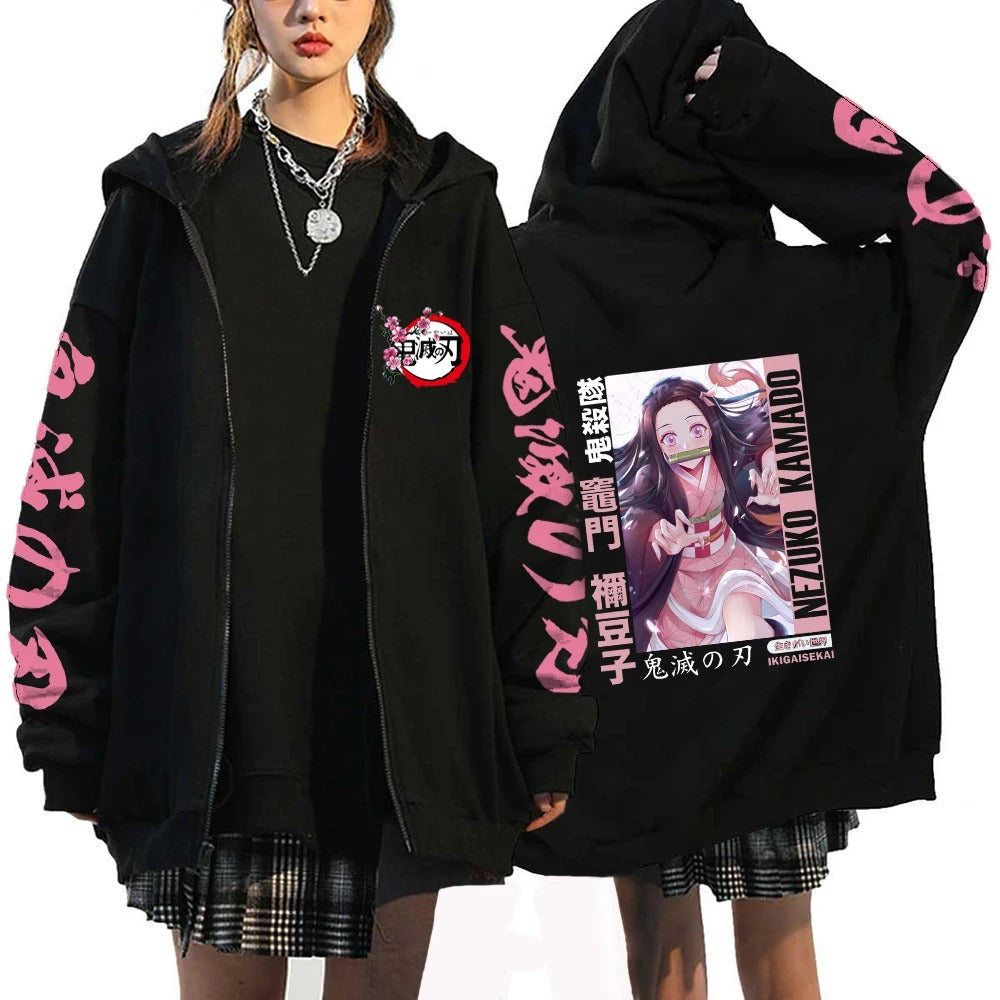 Demon Slayer Anime Zipper Hoodie Kamado Nezuko Cute Print Hooded Men Women Sweatshirts Harajuku Unisex Streetwear Zip Jacket