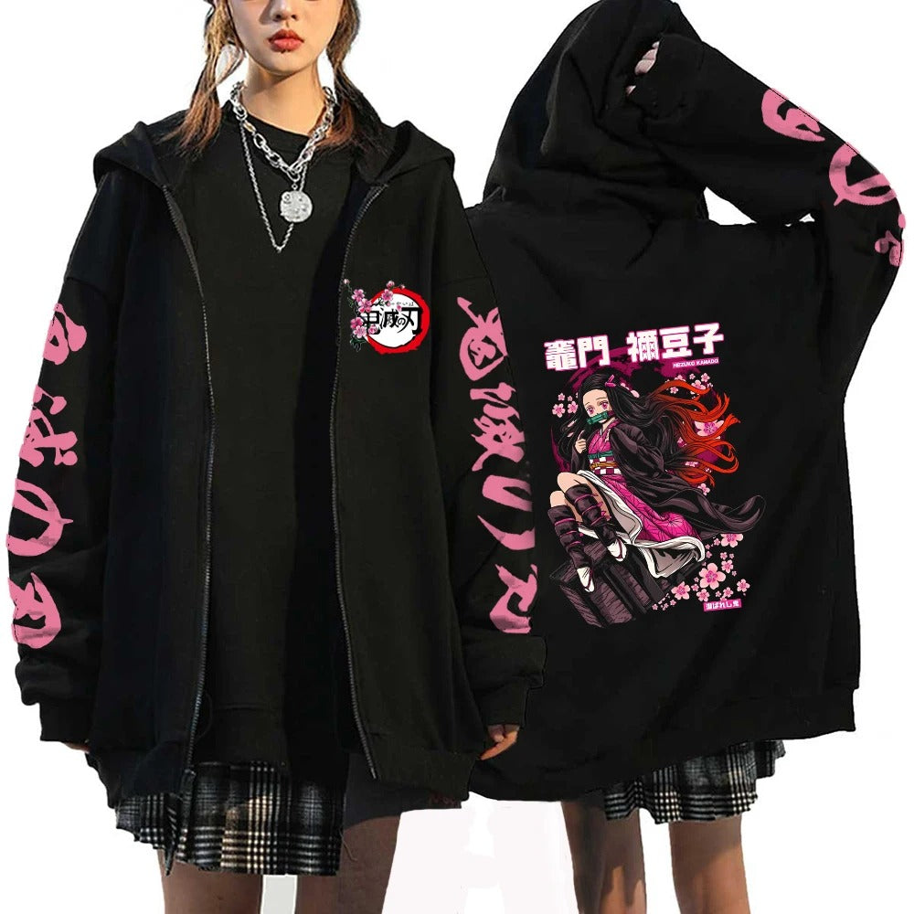 Demon Slayer Anime Zipper Hoodie Kamado Nezuko Cute Print Hooded Men Women Sweatshirts Harajuku Unisex Streetwear Zip Jacket