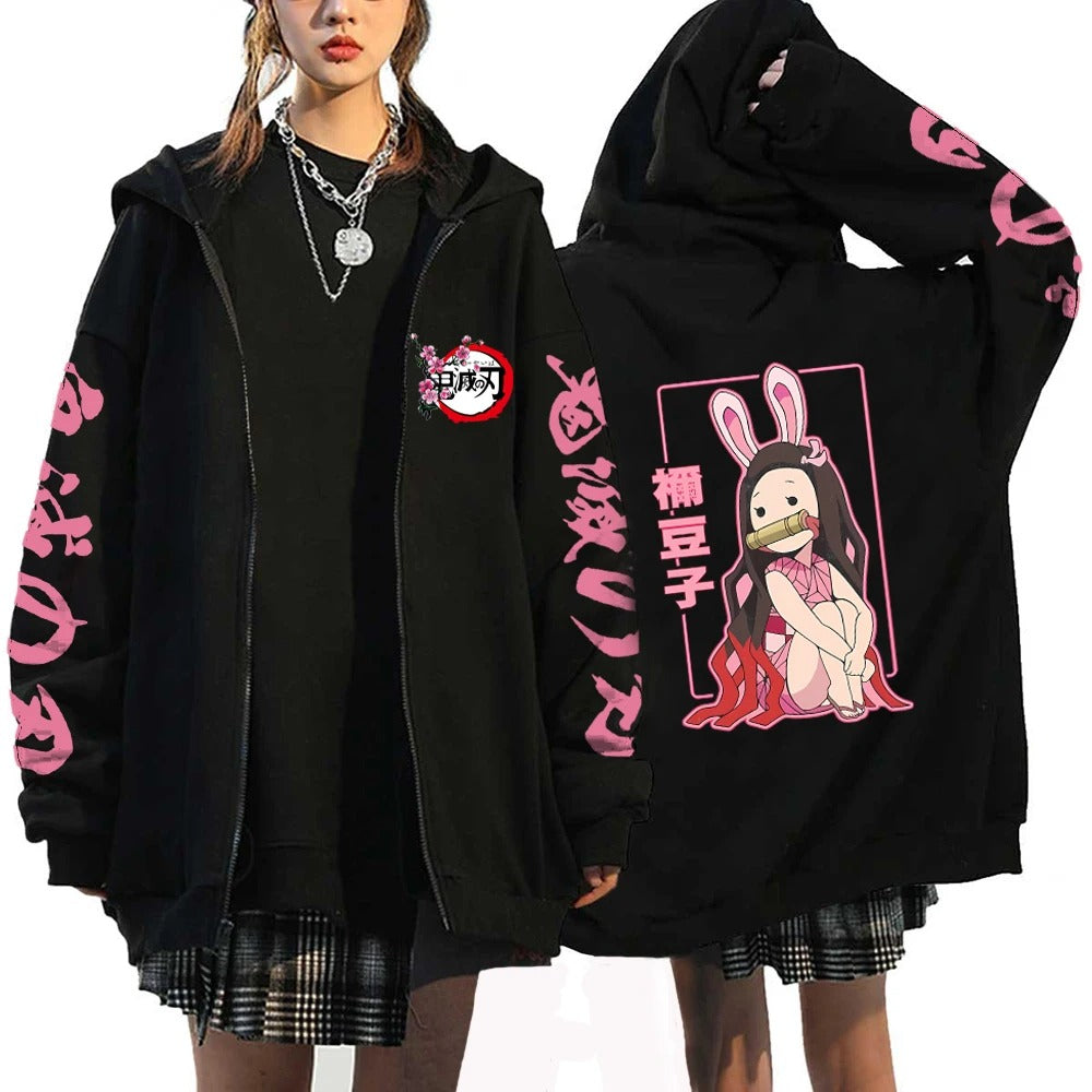 Demon Slayer Anime Zipper Hoodie Kamado Nezuko Cute Print Hooded Men Women Sweatshirts Harajuku Unisex Streetwear Zip Jacket