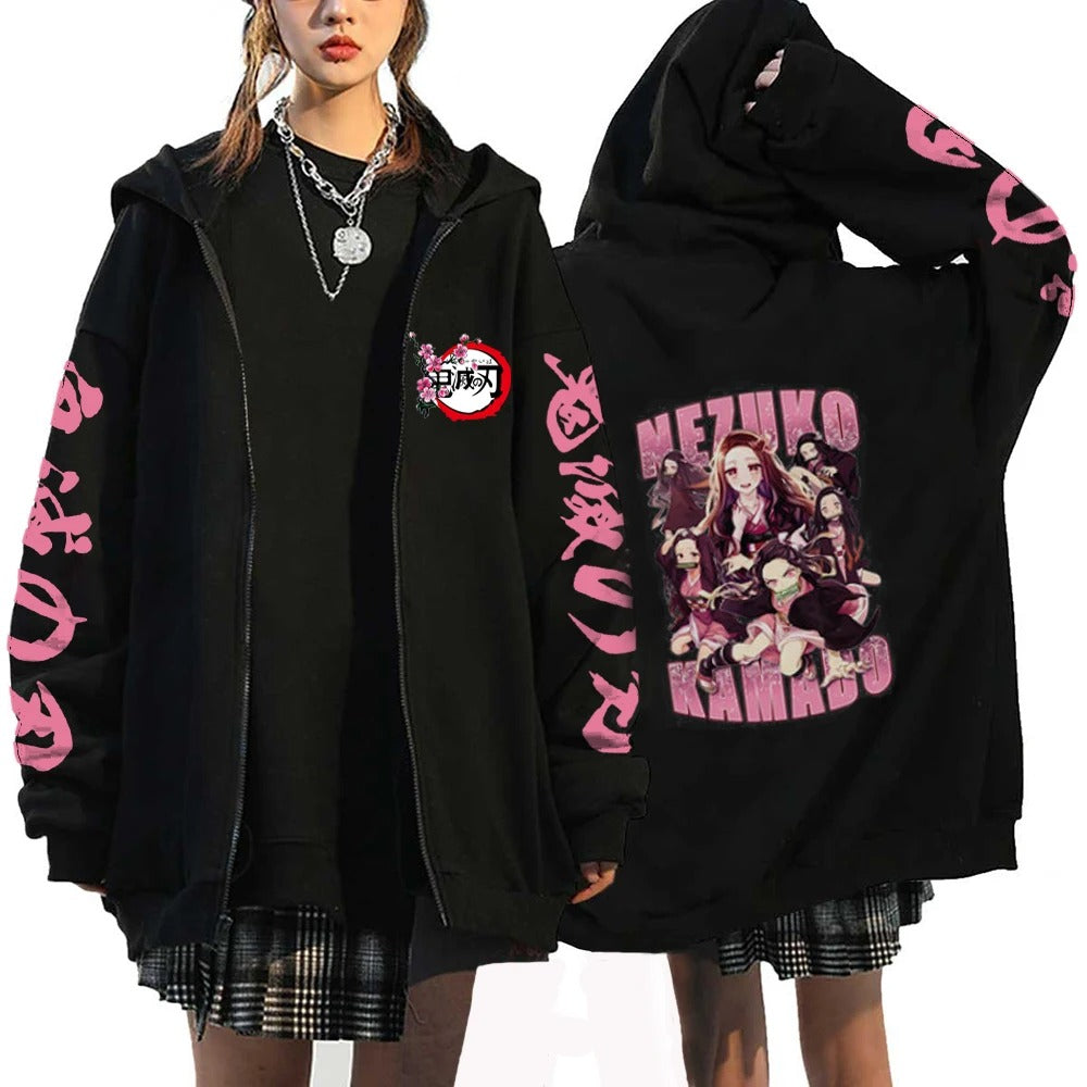 Demon Slayer Anime Zipper Hoodie Kamado Nezuko Cute Print Hooded Men Women Sweatshirts Harajuku Unisex Streetwear Zip Jacket