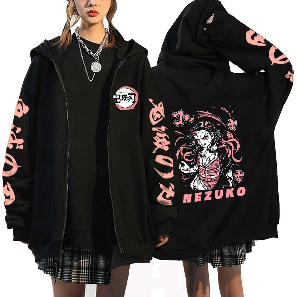 Demon Slayer Anime Zipper Hoodie Kamado Nezuko Cute Print Hooded Men Women Sweatshirts Harajuku Unisex Streetwear Zip Jacket