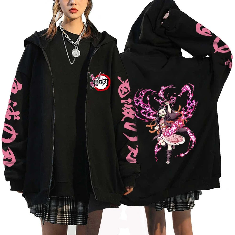 Demon Slayer Anime Zipper Hoodie Kamado Nezuko Cute Print Hooded Men Women Sweatshirts Harajuku Unisex Streetwear Zip Jacket