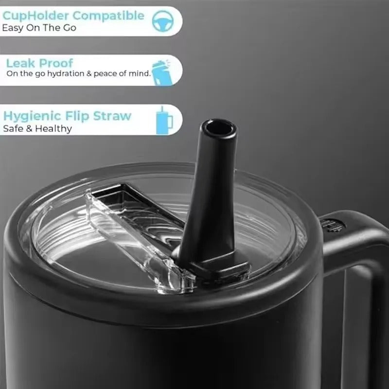 HydroJug Traveler - 40 oz Water Bottle with Handle & Flip Straw - Fits in Cup Holder, Leak Resistant Tumbler-Reusable Insulated Stainless Steel & Rubber Base - Gifts for Women & Men, Black