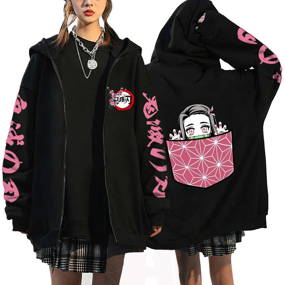 Demon Slayer Anime Zipper Hoodie Kamado Nezuko Cute Print Hooded Men Women Sweatshirts Harajuku Unisex Streetwear Zip Jacket